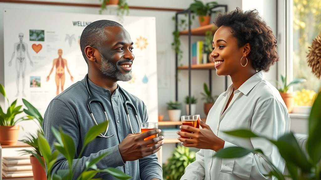 Holistic health expert advises client in bright natural wellness clinic.