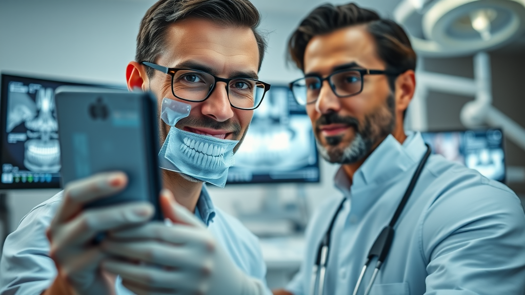 Dentist reviews digital X-ray during thorough oral health exams