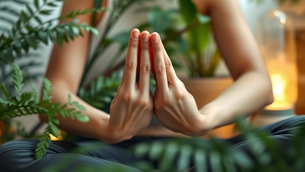 Hands in meditation pose symbolizing stress relief and calm atmosphere