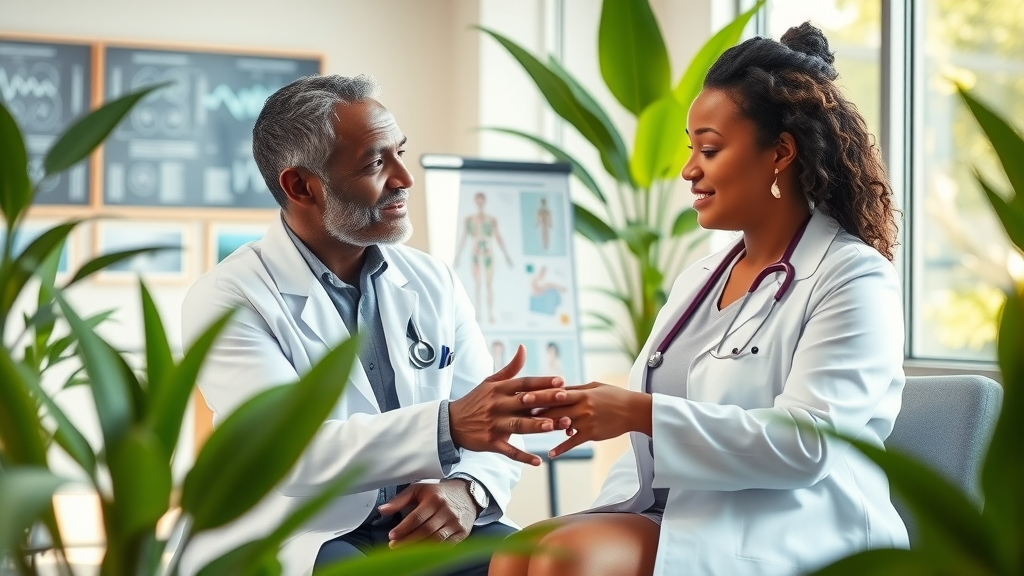 Functional medicine treatment consult in bright holistic clinic, doctor and patient.