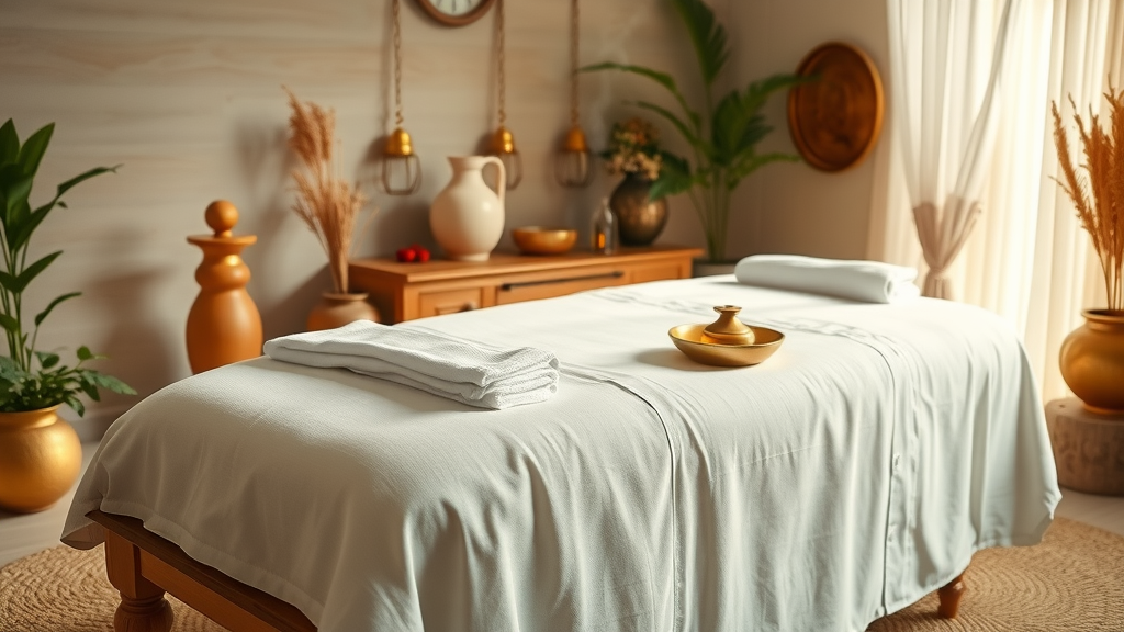 Peaceful Ayurvedic therapy room for Panchakarma therapy detox.