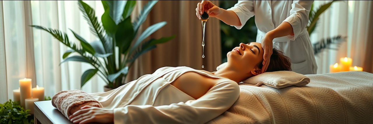 Middle-aged woman receiving authentic panchakarma therapy in tranquil spa.