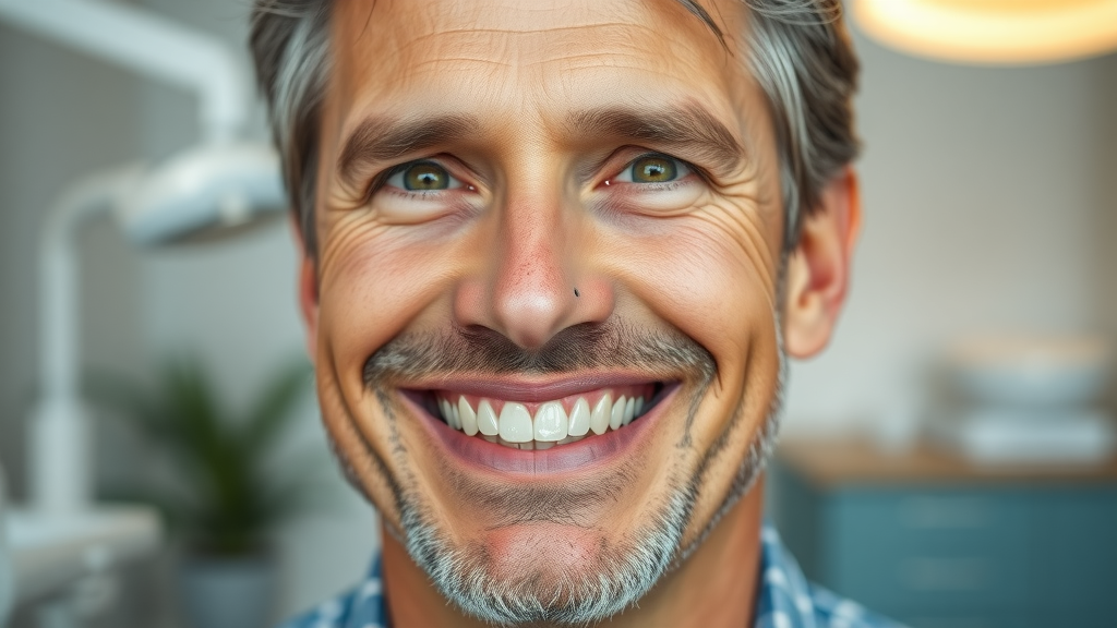 Confident middle-aged man smiling with dental implants, dental implants benefits