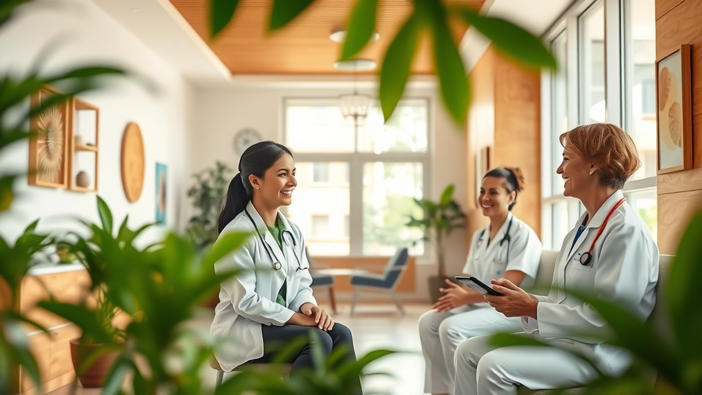 Welcoming natural health clinic interior with practitioners guiding patients