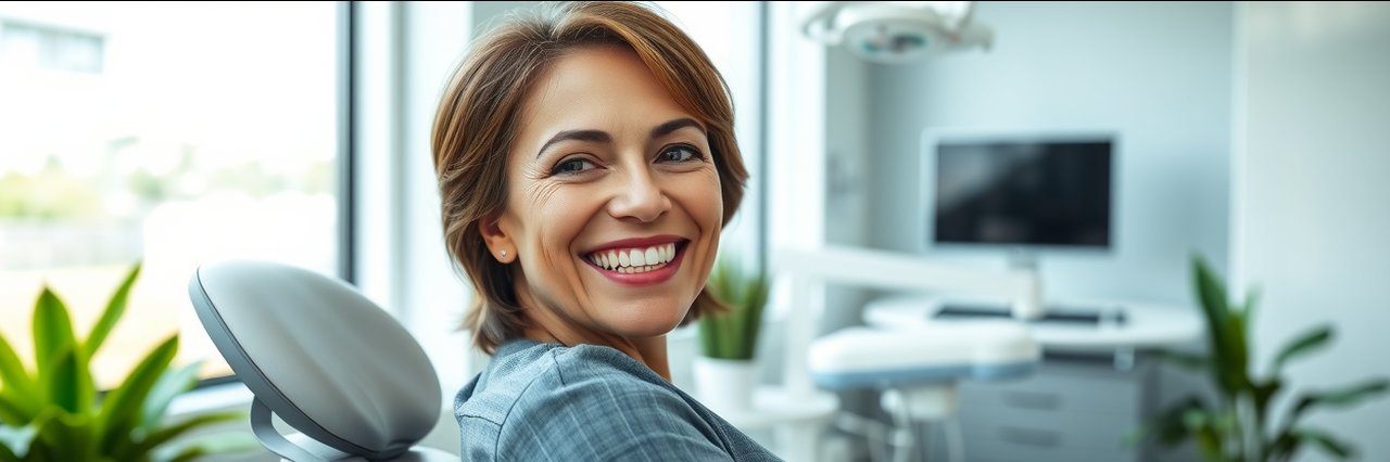 Middle-aged woman with dental implants smiling in modern dental clinic.