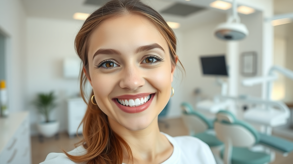 Confident woman in dental office wearing Invisalign clear aligners and smiling.