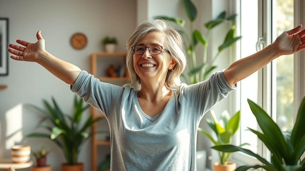 Functional medicine treatment brings energy, healthy woman stretching in morning light.