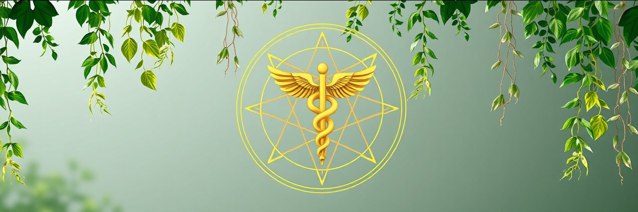 Tribal-inspired holistic health remedies logo with caduceus and leafy elements.