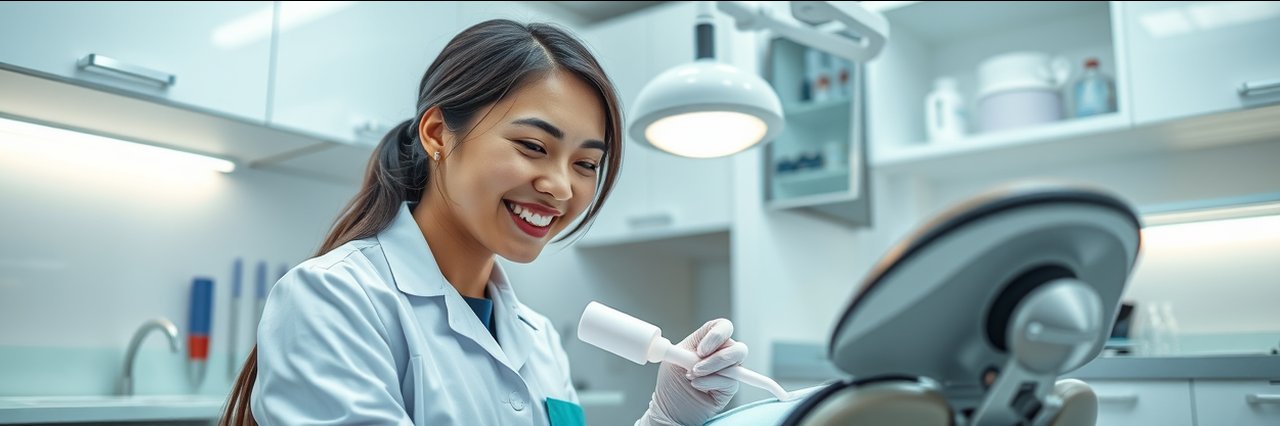 Dentist performing oral health exams in a modern, bright dental clinic setting