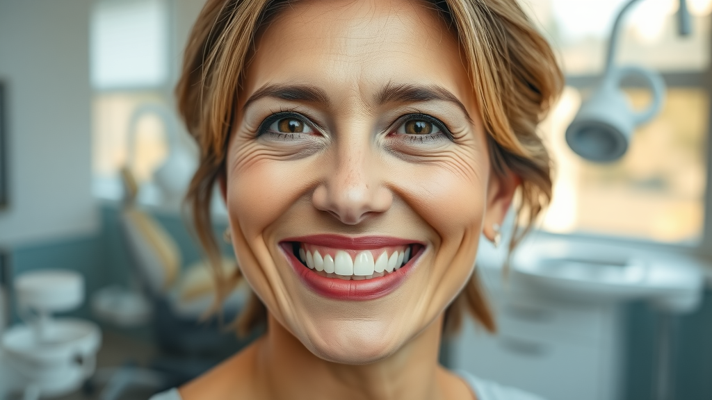 Confident woman smiling after successful dental implants solutions