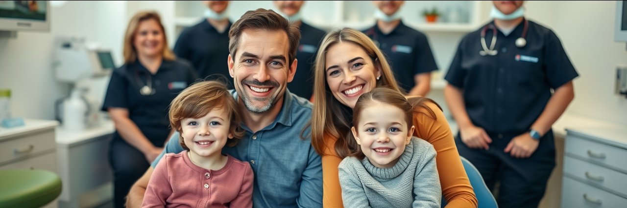 Smiling family in dental office wearing coordinated outfits, promoting Invisalign clear aligners.