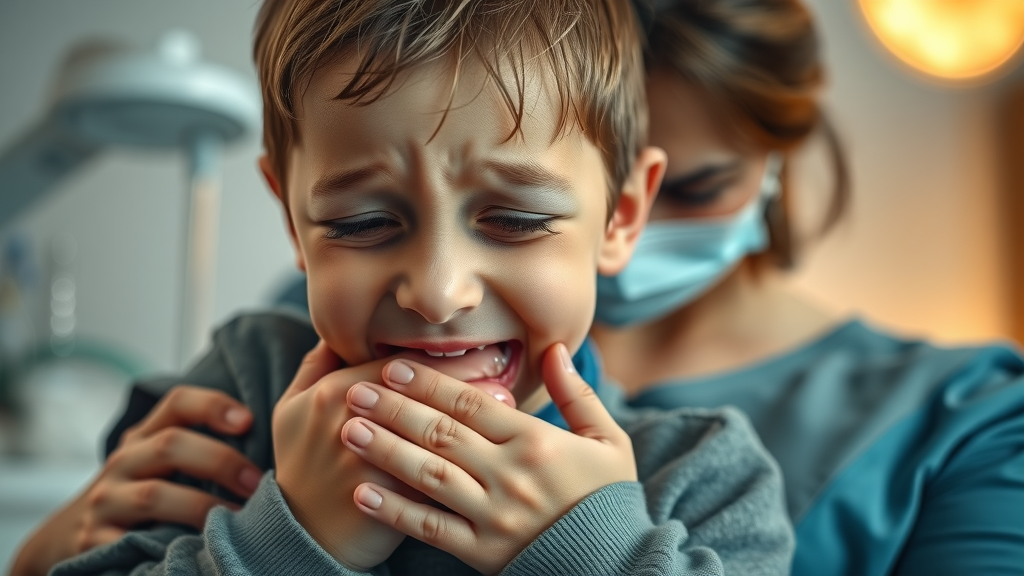 Mother comforts child with dental emergency in clinic, emergency dental care focus