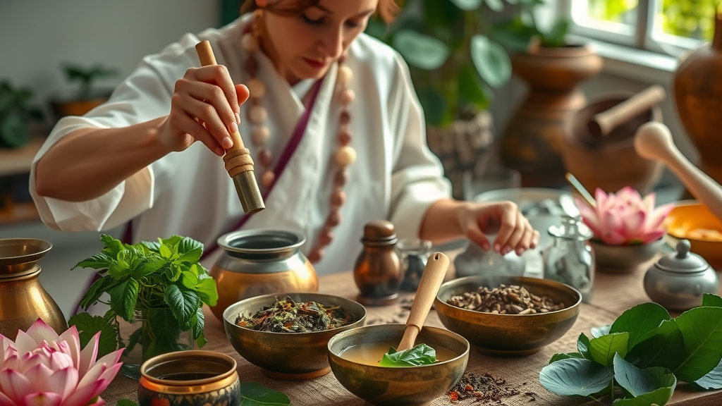 Ayurvedic expert preparing natural detox oils for Panchakarma therapy.