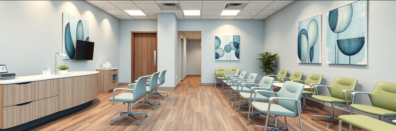 Modern dental office waiting room for dental implants solutions, clean and inviting.