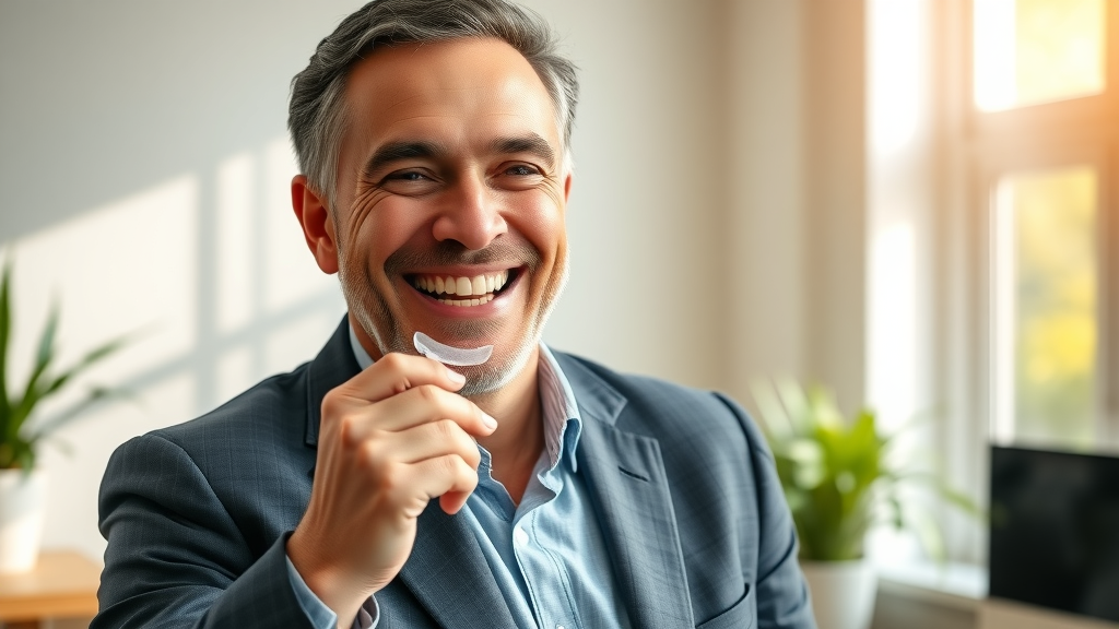 Businessman removes Invisalign clear aligner, showing its convenience and invisibility.