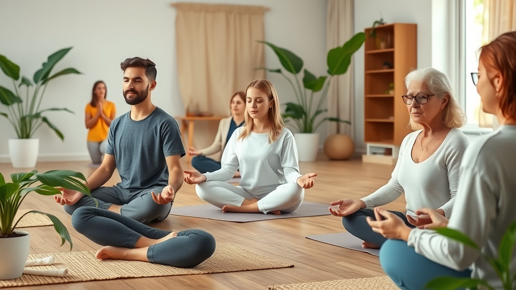 Diverse group enjoying meditation stress relief in peaceful studio