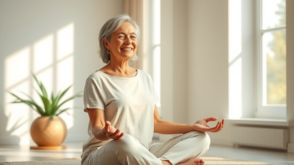 Woman feeling revitalized after Panchakarma therapy in serene setting.