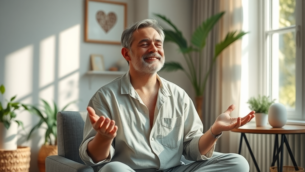 Calm mature man using meditation stress relief in cozy home environment