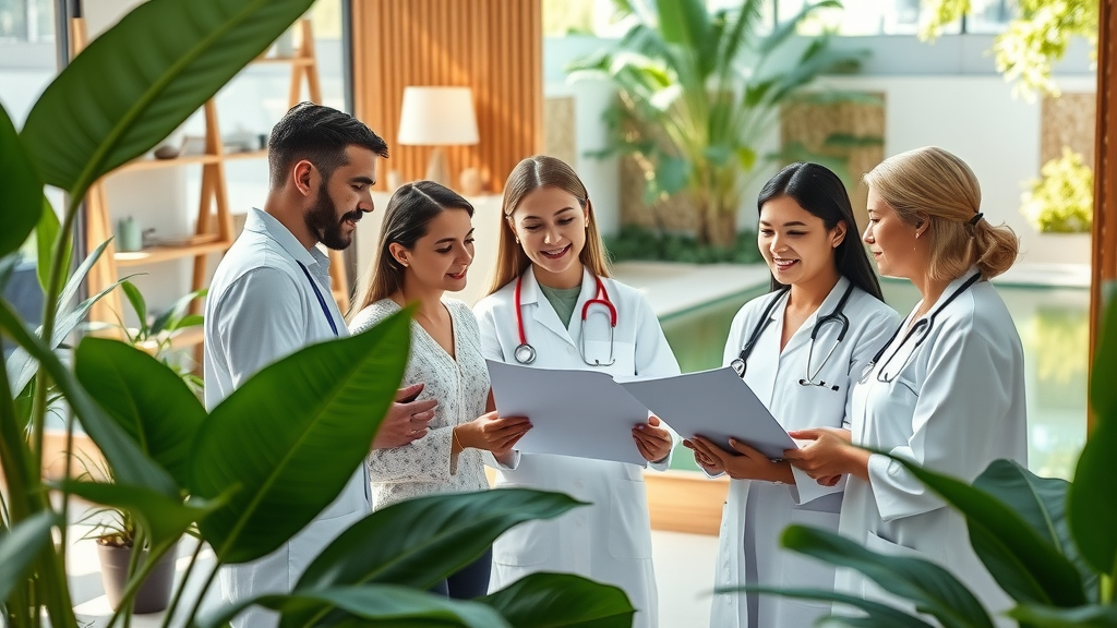 Holistic practitioners collaborating at natural health clinic for patient care