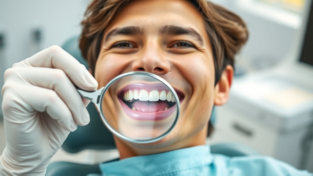 Confident patient smiling during oral health exams in bright dental office