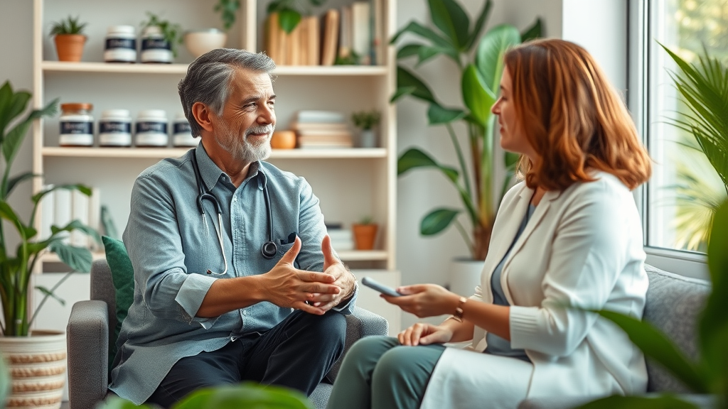 Naturopathic doctor consulting patient at natural health clinic for wellness