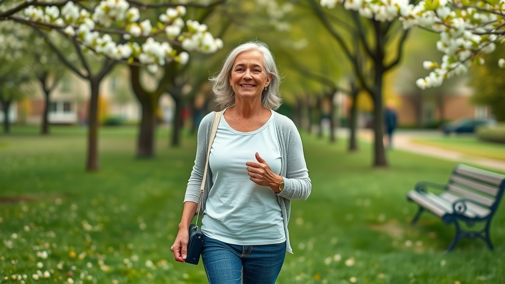 Pelvic floor therapy expert insights: woman walking in park supporting pelvic floor health