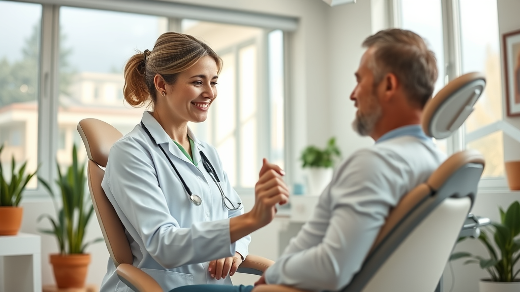 Compassionate dental services with gentle dentist comforting patient in a modern clinic