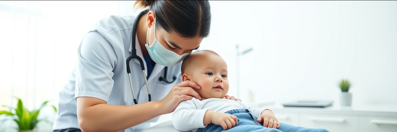 Chiropractor gently performs migraine chiropractic therapy on infant in clinic setting