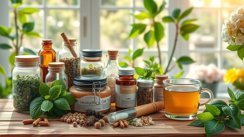 Holistic health remedies and herbal supplements on sunlit wooden table.