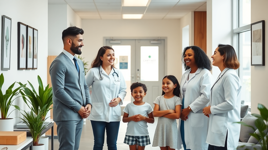 Friendly dental team offers compassionate dental services to families at clinic entry