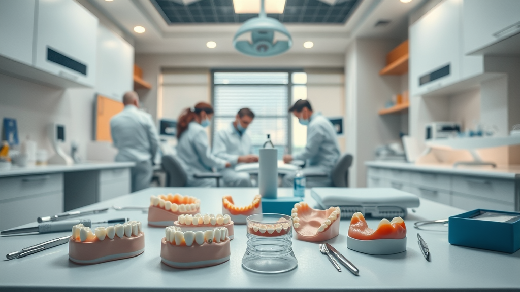 Restorative dentistry services tools and team in modern dental workspace