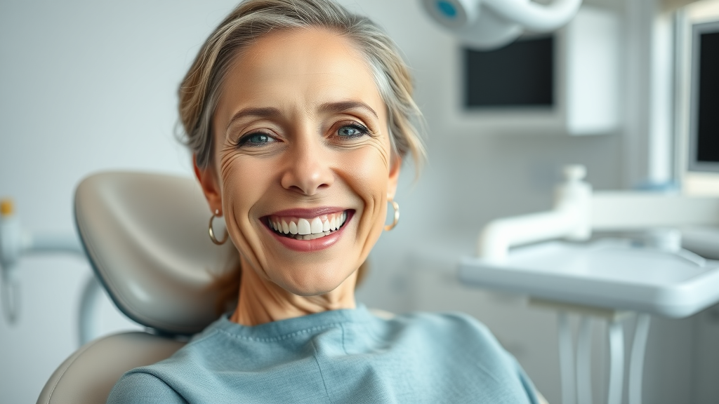Confident woman smiles in modern dental clinic after restorative dentistry services