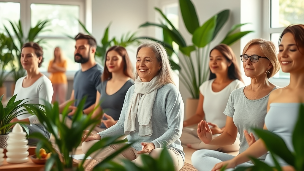 Group practicing holistic care at a natural health services center, lush and peaceful setting