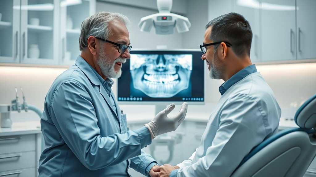 Dentist and patient discussing dental implant solutions using digital x-rays