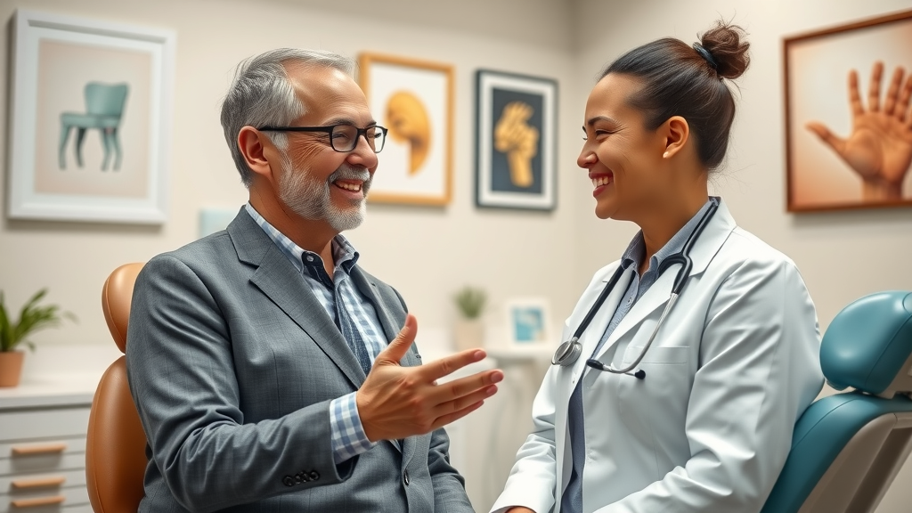 Patient and dentist discuss restorative dentistry services in friendly office