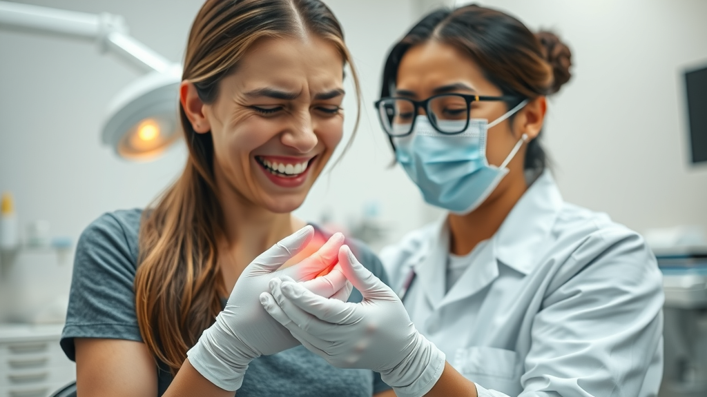 Emergency dental care dentist comforting patient in modern clinic, bright setting