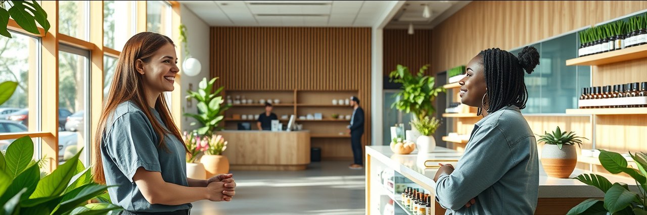 Bright modern natural health clinic interior with plants and reception, natural health clinic