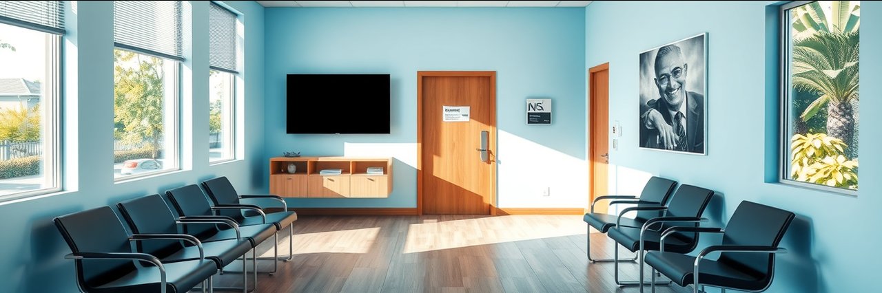Bright emergency dental care office waiting room with seating and check-in window