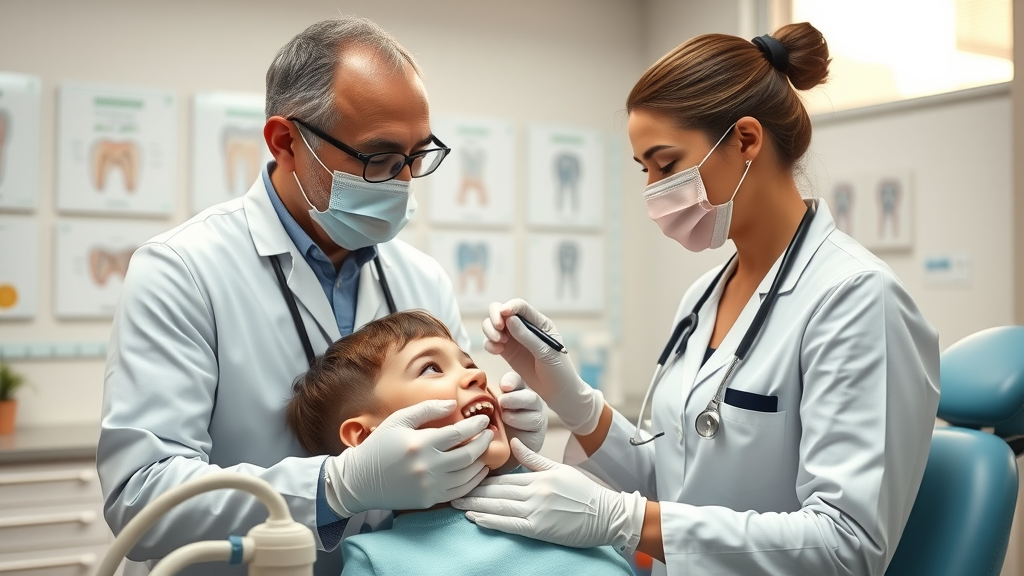 Dentist and hygienist educate a young patient during oral health exams