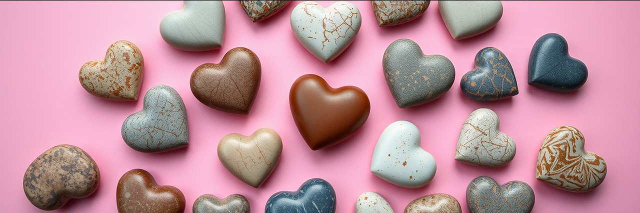 Heart-shaped stones arranged on pink background for meditation stress relief