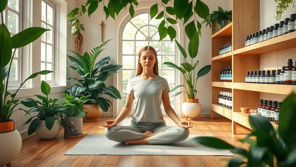 Tranquil wellness sanctuary with woman meditating and holistic health remedies.