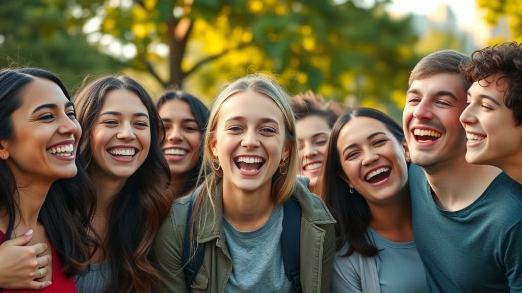 Happy diverse people wearing Invisalign clear aligners, enjoying straight smiles outdoors.
