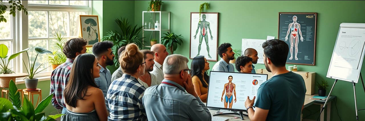 Modern natural health sciences classroom with diverse adult learners and educator.