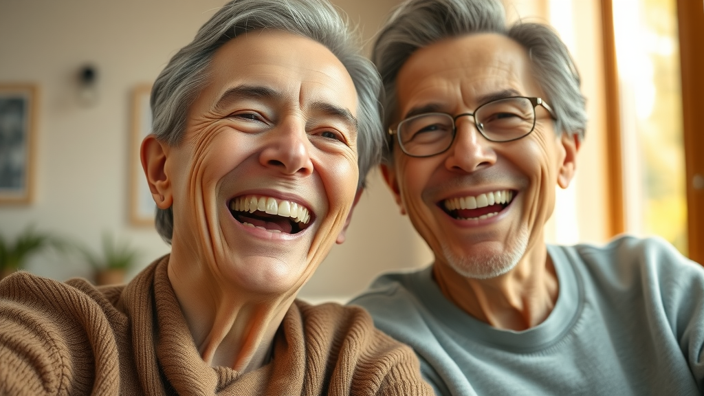 Happy couple showing dental implants at home, dental implants restore confidence