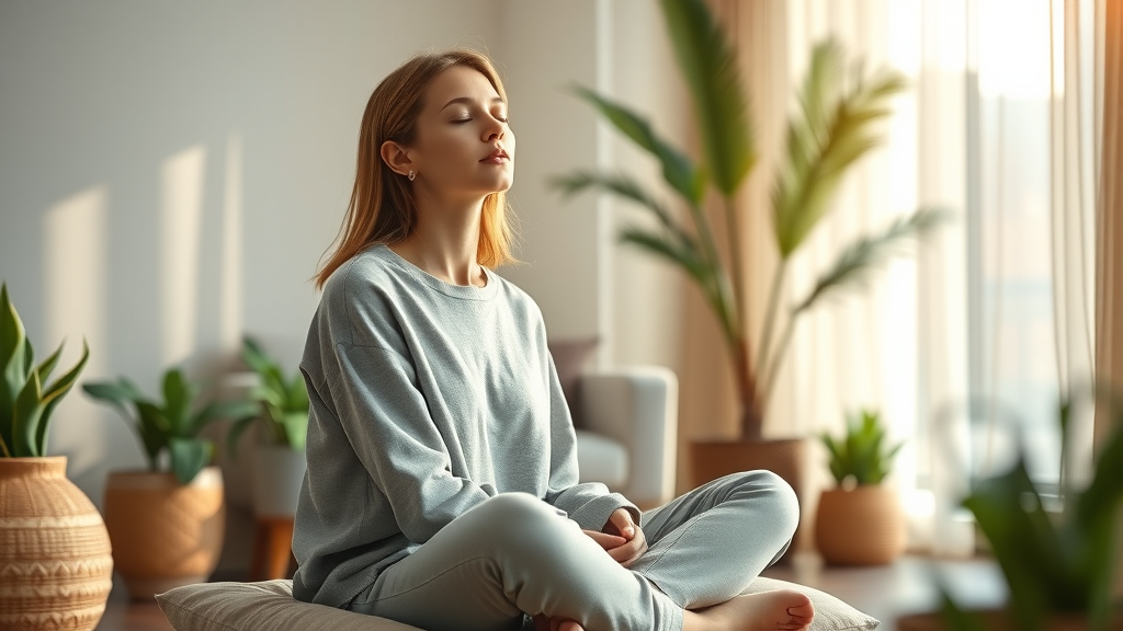 Young woman practicing meditation stress relief in calm natural sunlit room