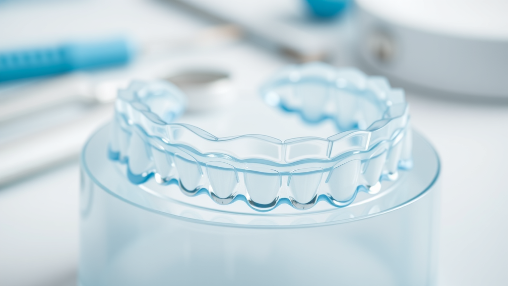 Close-up of Invisalign clear aligners on model teeth for straightening results.