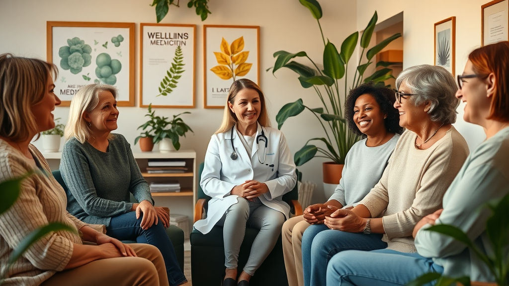 Functional medicine treatment group consult, supportive patients and physician in clinic.