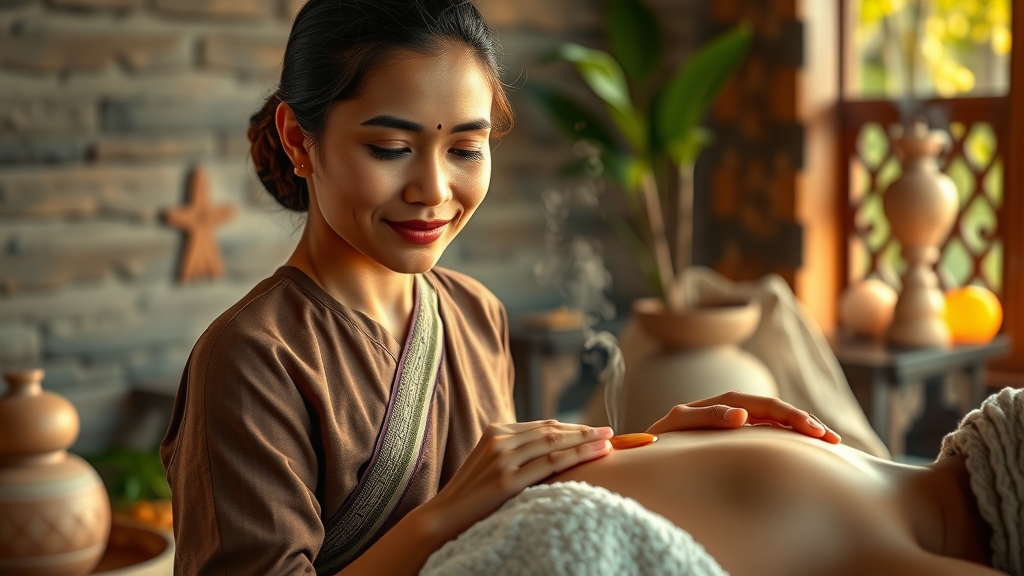 Therapist applying herbal oil during Panchakarma therapy session.