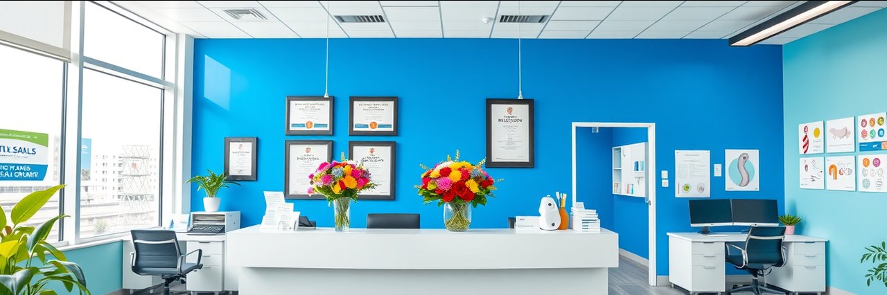 Bright dental office with awards and desk for clear aligner orthodontics