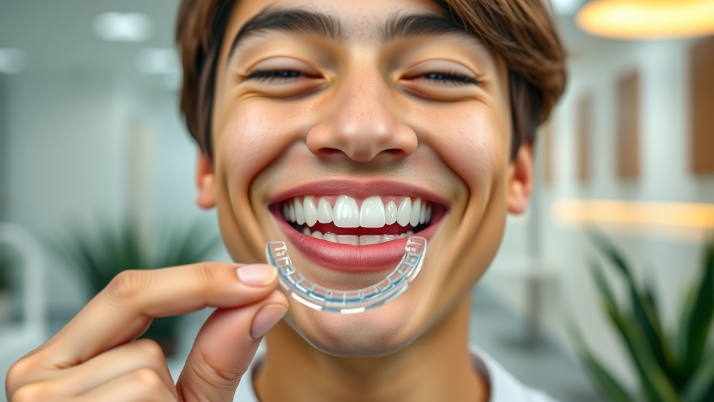 Smiling person holding clear aligner in modern dental clinic, clear aligner orthodontics